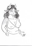 2_horns 3_fingers anthro bent_arm big_breasts black_eyebrows black_eyes black_hair breasts cleavage clothed clothed_anthro clothed_female clothing eyebrows eyelashes female female_anthro fingers fur grey_markings hair hands_on_own_hips hooved_fingers hooves horn markings medium_hair multicolored_body multicolored_fur nipple_outline open_mouth shirt simple_background solo tank_top topwear two_tone_body two_tone_fur white_background rabbi-tom milky_(milk-jug) bovid bovine cattle mammal 2018 dated english_description graphite_(artwork) monochrome signature traditional_media_(artwork)