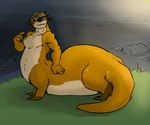 beanie belly blue_eyes brown_body brown_fur clothing fur grass green_grass hat headgear headwear male membrane_(anatomy) nude_male otter_tail plant smile solo standing water webbed_hands pandottermon mammal mustelid otter taur 6:5