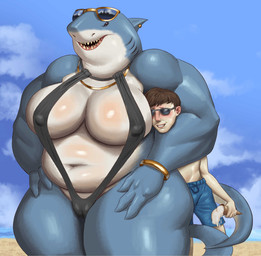 anthro beach big_breasts biped black_clothing blue_body bracelet breasts clothed clothing dessert duo female female_anthro food glistening glistening_body human_on_anthro ice_cream interspecies jewelry larger_female male male/female male_human multicolored_body navel necklace one-piece_swimsuit open_mouth outside overweight overweight_anthro overweight_female sharp_teeth size_difference sling_bikini smaller_male smile swimwear teeth thick_thighs goldcrustedchicken aquatic fish human mammal shark absurd_res hi_res