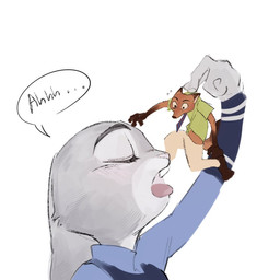 accessory anthro anthro_pred anthro_prey blush clothing duo extreme_size_difference female female_anthro female_pred holding_character holding_micro imminent_oral_vore imminent_vore larger_female male male/female male_anthro male_prey micro micro_male necktie open_mouth police police_uniform role_reversal simple_background size_difference smaller_male uniform gyeran1004 disney zootopia judy_hopps nick_wilde canid canine european_rabbit fox lagomorph leporid mammal oryctolagus rabbit red_fox true_fox 1:1 2026 digital_media_(artwork)