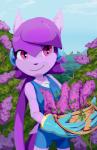 5_fingers anthro bottomwear clothed clothing detailed_background female fingers flower flower_basket forest forest_background fur gloves hair handwear holding_object horn long_hair looking_at_viewer nature nature_background outside plant purple_body purple_eyes purple_fur purple_hair shorts smile smiling_at_viewer solo standing tree valley goshaag freedom_planet galaxytrail mythology sash_lilac aquatic_dragon dragon hybrid mammal marine mythological_creature mythological_scalie scalie 2017 absurd_res digital_media_(artwork) hi_res