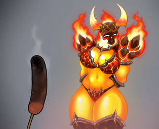 armor big_breasts bikini_armor blush blush_lines breasts cleavage clothed clothing crossgender empty_eyes eyelashes female fire food grey_background hands_behind_back meat mtf_crossgender navel orange_body sausage simple_background solo thick_thighs unconvincing_armor white_eyes wide_hips spacemaxmarine blizzard_entertainment warcraft ragnaros_the_firelord elemental_creature elemental_humanoid fire_creature fire_humanoid humanoid hi_res