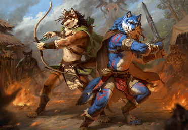 anthro armor biped blue_body blue_fur bottomwear bow_(weapon) bracers brown_body brown_fur claws cloak clothed clothed_anthro clothed_male clothing countershade_torso countershading day duo feet fingers fire footwear front_view fur loincloth male melee_weapon outside pawpads paws quiver_(object) ranged_weapon sky standing sword tail teeth toe_claws toeless_footwear toes tongue weapon alsares background_character miles_(miles-wolf) wolfdale_(wolfdale1997) canid canine canis mammal wolf 2025 digital_drawing_(artwork) digital_media_(artwork)