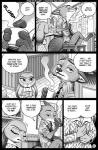 2018 anthro beverage borba canid canine clothed clothing coffee comic container cup disney duo english_text eyebrows female fox frida_kahlo furniture gloves_(marking) greyscale hi_res judy_hopps kitchen lagomorph leporid male mammal markings monochrome necktie nick_wilde onomatopoeia pajamas rabbit red_fox shelf sound_effects speech_bubble steam stool text true_fox unibrow zootopia