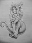 arm_hold claws feet female frill_(anatomy) half-closed_eyes hindpaw horn membrane_(anatomy) membranous_frill narrowed_eyes nude paws sitting smile solo tail tattoo thick_tail sickyicky mythology dragon mythological_creature mythological_scalie scalie 2011 3:4 graphite_(artwork) greyscale hi_res monochrome traditional_media_(artwork)