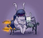 ambiguous_gender antennae_(anatomy) bench blort blush bodily_fluids bodily_noises duo extended_sound_effect fart fart_cloud on_bench onomatopoeia purple_background shaking shivering simple_background sitting sleeping sound_effect_variant sound_effects sweat text jubb hollow_knight team_cherry bretta_(hollow_knight) the_knight_(hollow_knight) arthropod vessel_(species) 2020 digital_media_(artwork) signature