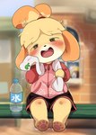 2021 4_toes adult_(lore) animal_crossing barefoot behind_glass being_watched beverage black_eyes blonde_hair blue_eyes blush bodily_fluids bottle canid canine canis clothing container dagasi domestic_dog duo feet female female_focus floppy_ears hair hi_res isabelle_(animal_crossing) looking_at_another mammal nintendo open_mouth outside pawpads pink_pawpads raccoon_dog sitting soles solo_focus sweat toes tom_nook_(animal_crossing) tongue towel window young