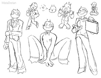 ambiguous_gender bottomwear bow_tie briefcase chibi clothing frog_pose multiple_outfits multiple_poses pants pose shirtless_ambiguous suit sweatpants matadorian ribbit_(tadc) amphibian amphibian_humanoid animal_humanoid frog frog_humanoid humanoid hi_res monochrome sketch sketch_page