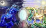 2014 blue_eyes blue_hair building cloud crown cutie_mark day duo equine female friendship_is_magic gold hair horn mammal moon multi-colored_hair my_little_pony necklace night portal princess_celestia_(mlp) princess_luna_(mlp) purple_eyes sculpture sibling sisters sparkles statue sun viwrastupr water winged_unicorn wings
Rating: Safe
Score: 14
User: 2DUK
Date: March 27, 2014