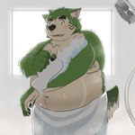 anthro bathing belly big_belly black_nose blush green_body kemono male moobs navel overweight overweight_male solo towel toto3_official lifewonders live_a_hero mokdai canid canine canis domestic_dog mammal 1:1 2024 absurd_res hi_res