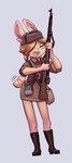 2019 absurd_res anthro army army_uniform bag black_boots black_clothing black_footwear bolt_action bolt_action_rifle boots bottomwear brown_hair chibi clothing costume denselynx domestic_rabbit dress_shirt ears_up eyes_closed female footwear formal_wear freckles fur glistening glistening_hair gun hair happy hat headgear headwear hi_res holding_gun holding_object holding_ranged_weapon holding_rifle holding_weapon hunting_rifle lagomorph leporid mammal markings military miniskirt mosin-nagant oryctolagus pink_inner_ear pouches rabbit ranged_weapon rifle rifle_sling russia russian satchel scut_tail shirt short_hair short_tail simple_background size_difference skirt smaller_female smile sniper_rifle soldier soldier_uniform solo soviet_union spots spotted_body spotted_fur standing tail tail_motion tailwag tan_body tan_clothing tan_fur topwear ushanka warrior water_canteen weapon white_background world_war_2 yulia_(bakedbunny)
