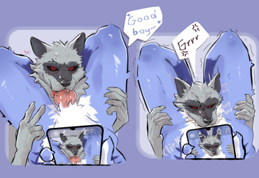 5_fingers angry animal_genitalia animal_penis annoyed anthro anthro_on_anthro anthro_penetrated anthro_penetrating balls_deep between_legs blue_body blue_fur blush blush_lines bodily_fluids camera canine_genitalia canine_penis cellphone cheek_tuft claws cross-popping_vein cum cum_in_mouth cum_inside cum_overflow deep_throat dialogue dominant dominant_male drinking drinking_cum duo ejaculation electronics facial_markings facial_tuft fellatio fingers first_person_view fluffy fur fuzzy genital_fluids genitals gesture good_boy grey_body grey_fur growling hand_gesture hand_on_leg head_between_legs head_between_thighs head_markings head_tuft heart_symbol holding_object holding_phone knot knotted_penis knotting leg_tuft looking_at_viewer male male/male male_anthro male_penetrated male_penetrating male_penetrating_male markings mask_(marking) motion_lines narrowed_eyes neck_tuft nude oral oral_knotting oral_penetration penetration penile penis phone recording recording_video red_eyes saliva sex shaking simple_background smartphone sound_effects speech_bubble sweat sweatdrop taking_picture text thigh_locked_oral thigh_squeeze tongue tongue_on_penis tongue_out tongue_out_fellatio trembling tuft v_sign flokyss dreamworks puss_in_boots_(franchise) aluin_(aethylwyne) death_(puss_in_boots) canid canine canis fox mammal wolf english_text hi_res sequence