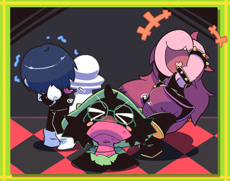 >_< chibi clothed clothing eyes_closed fur group heart_symbol open_mouth nettsuu deltarune undertale_(series) kris_dreemurr ralsei susie_(deltarune) bovid caprine darkner goat human mammal reptile scalie 2018