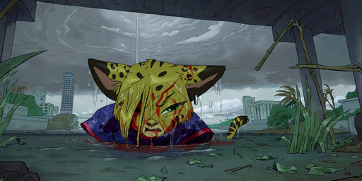 anthro blood blood_in_mouth blood_on_face bodily_fluids building clenched_teeth clothing detailed_background ear_piercing ear_ring facial_markings female floppy_ears fur green_eyes hair hair_over_eye half-closed_eyes head_markings jersey long_sleeves long_tail looking_at_viewer markings missing_arm narrowed_eyes one_arm one_eye_closed pain partially_submerged piercing ring_piercing shirt solo spots spotted_body spotted_fur storm striped_markings stripes tail teeth topwear water wet yellow_body yellow_fur ruffu pepper_in_the_sandbox pepper_(ruffu) felid feline mammal serval detailed hi_res