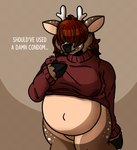 angry anthro antlers belly big_belly big_breasts bodily_fluids bottomless breasts brown_body brown_fur clothed clothing cloven_hooves female fur hair hair_over_eyes hooves horn lactating lactating_through_clothing pregnant pregnant_anthro pregnant_female red_hair simple_background solo sparkles speckled speckles sweater tan_body tan_fur text thick_thighs topwear upset wet wet_clothing wide_hips gooeykazoo ella_(gooeykazoo) cervine deer mammal 2022 english_text half-length_portrait hi_res portrait