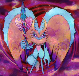 abstract_background ambiguous_gender antares_(kirby_and_the_forgotten_land) anthro antlers biped chest_tuft colored_nails countershade_torso countershading digitigrade dipstick_tail fingernails fluffy fluffy_tail front_view fur head_wings holding_melee_weapon holding_object holding_polearm holding_spear holding_weapon horn huge_wings looking_at_viewer markings melee_weapon mouthless multicolored_body multicolored_eyes multicolored_fur nails neck_tuft orange_body orange_fur pink_eyes polearm pupils purple_fingernails purple_nails purple_sclera solo spear tail tail_markings tan_body tan_fur teal_body teal_eyes teal_fur tuft unusual_wing_placement weapon wings chii_mako kirby_(series) kirby_and_the_forgotten_land nintendo fecto_elfilis alien chinchillid mammal rodent starling_(kirby) 2022 digital_drawing_(artwork) digital_media_(artwork) full-length_portrait portrait