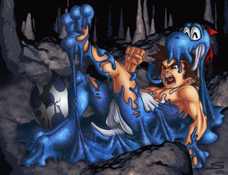 anthro blue_body broken_egg brown_hair cave egg forced forced_transformation glistening glistening_body goo_transformation green_eyes hair latex male merging open_mouth raised_leg resisting shocked solo stalagmite struggling tail thick_tail transformation what yoshi_egg livingcostumes_(artist) mario_bros nintendo yoshi's_island blue_yoshi goo_creature human mammal reptile scalie symbiote yoshi 2007 digital_media_(artwork) source_request
