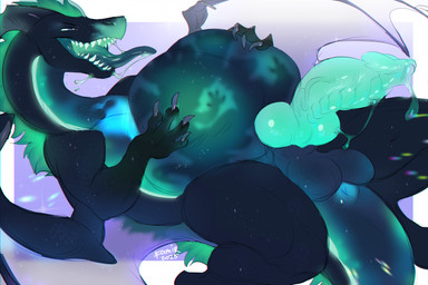 balls belly big_belly black_body blue_balls blue_eyes blue_penis bodily_fluids drooling erection fangs feral genitals green_mane group huge_belly lying male male_pred mane membrane_(anatomy) membranous_wings narrowed_eyes on_back open_mouth penis ridged_penis saliva saliva_string sharp_teeth solo_focus spread_legs spreading teeth translucent translucent_wings vein veiny_penis vore wings famir mythology dragon mythological_creature mythological_scalie scalie 2025 dated hi_res signature