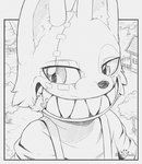 almost_fully_inside ambiguous_gender ambiguous_pred building cheek_tuft clothed clothing day detailed_background duo evil_grin facial_tuft forest house in_mouth inner_ear_fluff looking_at_another macro oral_vore outside partially_inside pawpads plant smile tree tuft vore s2-freak gleipnir shuichi_kagaya canid canine mammal black_and_white monochrome watermark