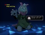 anthro bodily_fluids clothing crying eyewear fur glasses horn male robe smile solo tears text white_body white_fur justpotatonow deltarune undertale_(series) ralsei bovid caprine goat mammal english_text hi_res