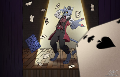 anthro blue_body blue_fur card clothed clothed_anthro clothing fur headgear headwear male playing_card red_eyes spotlight stage suit throwing_object yellow_sclera codyf0xx reiss hi_res