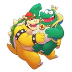 2_horns anthro crown duo green_body headgear horn hug humanoid_hands male overweight overweight_male simple_background sitting white_background leothelionel mario_bros nintendo super_mario_bros._2 bowser wart_(mario) koopa scalie 1:1 2021 hi_res