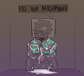anthro anus backsack balls bent_over big_butt bodily_fluids body_writing butt cum cum_drip cum_dumpster cum_in_ass cum_inflation cum_inside dripping fangs genital_fluids genitals inflation male multi_eye public_use solo stuck teeth text through_wall writing_on_butt websheck websly arachnid arthropod spider hi_res