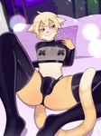 armwear bedding bedding_background bedroom blush clothing femboy latex latex_armwear latex_clothing latex_legwear latex_stockings legwear male nipple_tape pasties solo stockings tape freakster sora_(tehkey) felid feline mammal hi_res