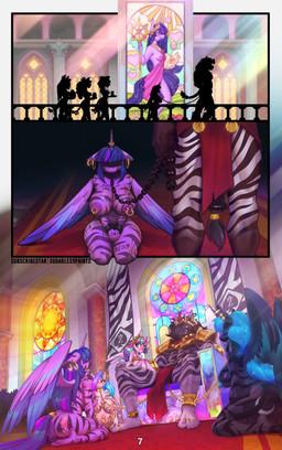 5_toes anthro areola biped breasts butt chain chair cutie_mark digit_ring eyebrows feet female furniture genitals group horn humanoid_feet inside jewelry kneeling male nipples penis plantigrade ring sitting slave throne toe_ring toes wings sugarlesspaints friendship_is_magic hasbro my_little_pony mythology flurry_heart_(mlp) king_sombra_(mlp) princess_celestia_(mlp) princess_luna_(mlp) twilight_sparkle_(mlp) equid equine mammal mythological_creature mythological_equine winged_unicorn zebra 2025 comic digital_media_(artwork) hi_res
