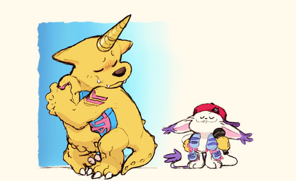 anthro clothing covering covering_crotch covering_self duo electronics embarrassed eyes_closed fur hat headgear headwear male microphone nude white_body white_fur yellow_body dahecksajerry bandai_namco digimon digimon_(species) gabumon gatomon