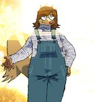 anthro clothing denim denim_overalls eyebrows eyewear fangs female glasses grass hand_on_hip light light_beam looking_at_viewer overalls pattern_clothing pattern_sweater pattern_topwear photo_background plant slightly_chubby solo striped_clothing striped_sweater striped_topwear stripes sunbeam sunlight sweater teeth topwear triangle_glasses turtleneck wearing_glasses shockpine mammal mephitid skunk 2025 photography_(artwork)
