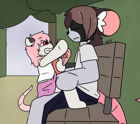 adult_on_young age_difference anthro bedroom_eyes bench big_penis black_body black_bottomwear black_clothing black_fur black_nose black_skirt bottomwear brown_ears brown_hair clothed clothing crossdressing duo eyes_closed female fur genitals grey_body grey_clothing grey_ears grey_fur grey_shirt grey_t-shirt grey_topwear hair half-closed_eyes hand_on_leg hand_on_penis holding_clothing holding_object holding_underwear looking_at_another looking_pleasured male male/female mismatched_ears mouse_tail multicolored_body multicolored_fur multicolored_hair narrowed_eyes no_underwear on_bench on_lap outside park park_bench penis pink_bottomwear pink_clothing pink_eyes pink_hair pink_nose pink_skirt pink_tail pink_underwear public seductive shirt side_view sitting sitting_on_another sitting_on_bench sitting_on_lap size_difference skirt smile t-shirt tail teeth topwear two_tone_body two_tone_fur two_tone_hair underwear vest white_body white_clothing white_fur white_topwear white_vest young young_anthro young_female lightningb0lt01 meru_(atinydom) american_opossum mammal marsupial mouse murid murine rodent 2025 absurd_res digital_media_(artwork) hi_res