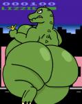 big_breasts big_butt breasts butt butt_focus city duo eyelashes female green_body green_scales looking_back macro retro scales screencap screencap_background size_difference missingno-54 atari rampage_(game) lizzie_(rampage) dinosaur human mammal prehistoric_species reptile scalie