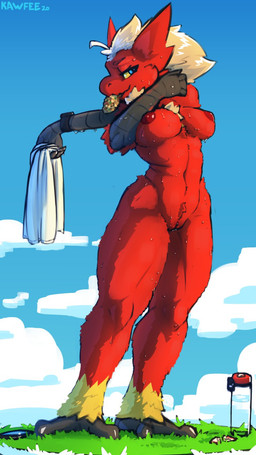 anthro areola avian_feet bodily_fluids breasts exercise female genitals medium_breasts nipples nude outdoor_nudity outside red_areola red_body red_nipples solo sweat vulva kawfee nintendo pokemon cayenne_(blazefox2) blaziken generation_3_pokemon pokemon_(species) 9:16 digital_media_(artwork) hi_res shaded
