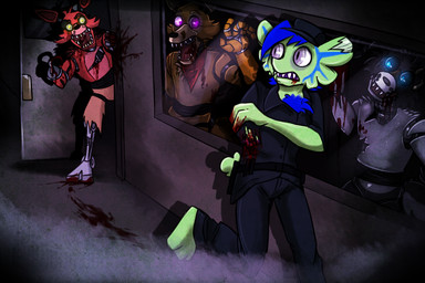 anthro blood bodily_fluids dark dismemberment glowing glowing_eyes gore group hook machine male teeth foxyofthepiratecove five_nights_at_freddy's scottgames drsklee fan_character foxy_(fnaf) animatronic canid canine fox mammal robot