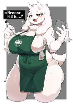 2_horns 4_fingers anthro apron apron_only big_breasts blush bodily_fluids breasts clothing container cup dialogue eyebrows eyelashes female female_anthro fingers flesh_fang fur geometric_background green_apron green_clothing holding_container holding_cup holding_object horn long_ears mature_anthro mature_female open_mouth pen simple_background solo speech_bubble sweat sweaty_breasts sweaty_legs sweaty_thighs tail text thick_thighs white_body white_fur white_tail tofffffu i_mean_breast_milk undertale_(series) toriel boss_monster_(undertale) 2026 absurd_res english_text hi_res meme