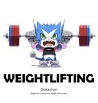 anthro blue_body bottomless claws clothed clothing dumbbell exercise gloves green_eyes handwear male solo text weightlifting weights workout op7804620 bandai_namco digimon appmon_(species) digimon_(species) dokamon english_text