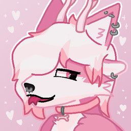 ambiguous_gender anthro antlers collar countershading ear_piercing ear_tuft facial_piercing forked_tongue fur hair heart_symbol horn industrial_piercing inner_ear_fluff looking_back nose_piercing piercing pink_background pink_body pink_collar pink_eyes pink_fur septum_piercing simple_background smile solo star three-quarter_view tongue tongue_out tuft white_body white_countershading white_hair white_inner_ear_fluff fops wish_fox canid canine deer fox hybrid mammal headshot_portrait icon low_res portrait three-quarter_portrait