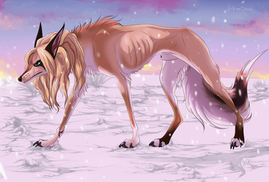 animal_genitalia blonde_hair blue_eyes brown_nose clothed clothing cloud day emaciated emaciated_feral emaciated_male feral fully_sheathed fur genitals hair leg_tuft male mouth_closed orange_body orange_fur outside ribs sheath side_view sky snow snowing solo tuft white_body white_fur msdeadsoul canid canine mammal absurd_res hi_res