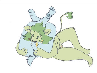 anthro bodily_fluids duo face_fucking fellatio genital_fluids genitals irrumatio male male/male oral overweight overweight_male paws penile penis penis_in_mouth sex small_penis urine okaedemitsu unnamed_character vegas_(okaedemitsu) felid lion mammal pantherine