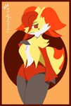 anthro big_breasts big_tail black_body black_fur border breasts clothed clothing female fur orange_border partially_clothed red_body red_fur short_fur simple_background solo tail thick_thighs white_body white_fur yellow_body yellow_fur sillyniko nintendo pokemon fan_character mahi_(munchyartz) canid canine delphox generation_6_pokemon mammal pokemon_(species) hi_res