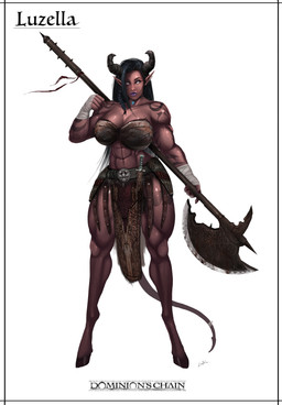 abs armor black_hair breasts choker cleavage clothed clothing dagger female hair halberd hooves horn jewelry melee_weapon necklace not_furry piercing polearm solo tattoo unconvincing_armor weapon white_eyes lucien luzella demon humanoid kazdruk 2018 absurd_res hi_res model_sheet