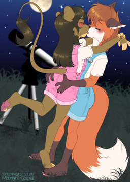 anthro arms_around_neck butt butt_grab clothed clothing diaper diaper_under_clothing duo eyes_closed female hand_on_butt kiss_on_lips kissing making_out male male/female stargazing wearing_diaper young young_anthro young_female young_male young_on_young midnightgospel charlie_(silverwingfox) canid canine felid fox lion mammal pantherine red_fox true_fox 2026 absurd_res colored digital_drawing_(artwork) digital_media_(artwork) hi_res