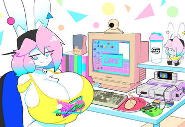 anthro backwards_baseball_cap backwards_hat baseball_cap bell bell_collar big_breasts black_baseball_cap blue_eyes blue_hair breasts camera chest_tuft cleavage closed_smile clothed clothing collar computer_keyboard computer_mouse container cup desk desktop eye_through_hair eyebrow_through_hair eyebrows eyelashes eyelashes_through_hair female fur furgonomic_baseball_cap furgonomic_hat furgonomic_headwear furgonomics furniture hair hat headgear headwear huge_breasts inner_ear_fluff jingle_bell jingle_bell_collar long_ears mouth_closed multicolored_eyes multicolored_hair pink_eyes pink_hair plushie smile solo table text topwear translucent translucent_hair tuft two_tone_eyes two_tone_hair webcam white_body white_fur yellow_clothing yellow_topwear theycallhimcake game_boy_color game_boy_family gamer_supps magnavox nintendo super_mario_world super_nintendo pb_(theycallhimcake) lagomorph leporid mallkin mammal rabbit 2024 artist_name digital_drawing_(artwork) digital_media_(artwork) english_description half-length_portrait hi_res portrait busty_boy_(lore) male_(lore)