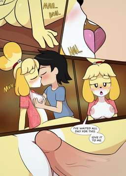 aloha_shirt aloha_shirt_only anthro bedroom_eyes blush bottomless breasts butt clothed clothing collared_shirt desk dialogue dress_shirt dress_shirt_only duo erection female french_kissing fur furniture genitals glans hand_on_breast kissing male male/female mostly_nude narrowed_eyes nipples nude on_desk open_clothing open_shirt open_topwear pattern_clothing pattern_shirt pattern_topwear penis seductive sex shirt shirt_only t-shirt t-shirt_only table text topwear topwear_only vulva yellow_body yellow_fur luckster1234 animal_crossing nintendo isabelle_(animal_crossing) villager_(animal_crossing) canid canine canis domestic_dog human mammal shih_tzu toy_dog comic english_text hi_res