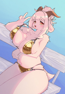 2_horns 5_fingers amber_eyes anthro arm_under_breasts bangs bench big_breasts bikini bikini_pull blue_background blunt_bangs blush blush_lines breast_squish breasts chest_tuft clothing clothing_pull eyebrow_through_hair eyebrows eyelashes female fingers fur gold_bikini hair hair_bun horizontal_pupils horn looking_at_viewer monotone_body monotone_fur navel o-ring_bikini on_bench open_mouth open_smile pink_tongue pupils short_tail sidelocks simple_background sitting skindentation smile solo sparkles squish swimwear swimwear_pull tail thick_thighs tied_hair tongue translucent translucent_hair tuft two-piece_swimsuit white_body white_fur white_hair thistle_kemomo golden_week bovid caprine goat mammal 2025 absurd_res hi_res