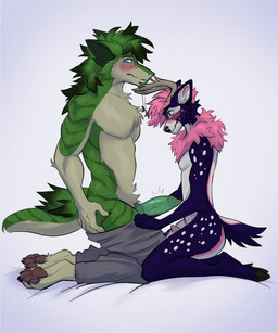 anthro big_penis blush duo embarrassed genitals intimate intimidation knot knotted_penis male male/male penis penis_size_difference size_difference seagullart folffyike sam_(sam_the_sergal) deer mammal sergal hi_res