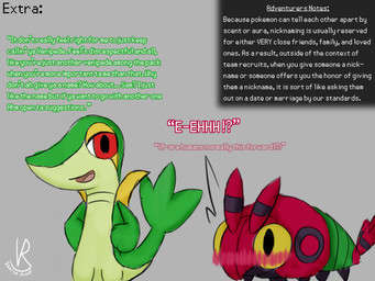 antennae_(anatomy) blush dialogue duo feral green_body green_scales hands_on_hips inner_monologue leaf leaf_tail male red_eyes scales tail tan_body tan_scales text thinking yellow_eyes vanilla_road nintendo pokemon pokemon_mystery_dungeon spike_chunsoft ivy_(vanilla_road) sam_(vanilla_road) arthropod generation_5_pokemon insect pokemon_(species) reptile scalie snake snivy venipede english_text hi_res