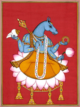 4_arms anthro armlet biped blue_body bracelet clothed clothed_anthro clothed_male clothing conch flower garland gem holding_flower holding_mace holding_melee_weapon holding_object holding_weapon humanoid_hands indian_clothing jewelry lotus_(flower) mace male male_anthro melee_weapon multi_arm multi_limb necklace pearl_(gem) pearl_necklace plant red_background religion shawl simple_background sitting solo topless topless_anthro topless_male weapon kailash_raj asian_mythology hindu_mythology hinduism mythology hayagriva deity equid equine horse mammal hi_res painting_(artwork) traditional_media_(artwork) traditional_painting_(artwork) traditional_watercolor_(artwork) watercolor_(artwork)