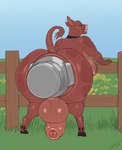 anal anal_object_insertion anal_penetration anthro anus balls big_balls big_breasts big_butt big_penis blue_sky bodily_fluids breasts brown_body brown_fur butt collar confident container content curvy_figure fence fur gaping gaping_anus genitals grass grass_field gynomorph happy highlights_(coloring) hooved_toes hooves huge_balls huge_breasts huge_butt huge_penetration huge_penis hyper hyper_butt improvised_sex_toy intersex intersex_penetrated large_penetration looking_at_viewer looking_back looking_back_at_viewer masturbation milk_container nude object_insertion offering_to_viewer open_mouth penetration penis plant presenting presenting_anus presenting_hindquarters puffy_anus sky smile smiling_at_viewer snout solo stretched_anus sweat sweatdrop tail voluptuous yellow_eyes slimefur bovid mammal colored hi_res